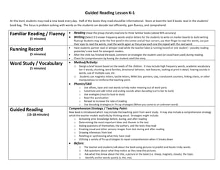 Guided Reading Lesson K-1
At this level, students may read a new book every day. Half of the books they read should be informational. Store at least the last 3 books read in the students’
book bag. The focus is problem solving with words so the students can decode text efficiently, gain fluency, and comprehend.

Familiar Reading / Fluency
(5 minutes)

Running Record
(5 minutes)

Word Study / Vocabulary
(5 minutes)

Reading (Have the group chorally read one to three familiar books (above 94% accuracy)
Writing (Select 3-5 known frequency words and/or letters for the students to write on marker boards to build writing
fluency) Students may write the first word in the center and all four corners, use their finger to read the words, use just
their eyes to read the words, read the words again as they erase each one the repeat with the next word.
Have students partner read or whisper read while the teacher takes a running record on one student – possibly reading
yesterday’s new book for emergent readers.
After the child has finished the book, comment on strategies the student used (or could have used) during reading.
Check for comprehension by having the student retell the story.

Method/Activity:
o Design a brief lesson based on the needs of the children. It may include high frequency words, academic vocabulary
o

tier II words, chunking, word families, directional behavior, text features, looking at print in detail, hearing sounds in
words, use of multiple cues, etc.
Students use magnetic letters, tactile letters, Wikki Stix, pointers, clay, translucent counters, linking charts, or other
manipulatives to reinforce the teaching point.

Phonics/Skill
o
o
o
o
o
o

Guided Reading
(15-18 minutes)

Use affixes, base and root words to help make meaning out of word parts
Substitute and add initial and ending sounds when decoding (car to bar to bark)
Use analogies (must to bust to dust)
Read the punctuation
Reread to increase the rate of reading
Use decoding strategies or Fix-up strategies (When you come to an unknown word)

Comprehension Strategy / Teaching Point:
New book is introduced which may include the teaching point from word study. It may also include a comprehension strategy
which the teacher models explicitly by thinking aloud. Strategies might include:
o Activating prior knowledge before, during, and after reading
o Determining the most important ideas and themes in the text
o Asking questions of themselves, the authors, and the texts they read
o Creating visual and other sensory images from text during and after reading
o Drawing inferences from text
o Retelling or synthesizing what they have read
o Utilizing a variety of fix-up strategies to repair comprehension when it breaks down

Before:
o The teacher and students talk about the book using pictures to predict and locate tricky words.
o Ask questions about what they notice as they view the pictures.
o Ask what they know about the title, a picture in the book (i.e. sheep, magnets, clouds), the topic.
o Identify anchor words quickly (I, the, me).

 