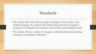 Standards
• The student will understand and apply knowledge of the sounds of the
English language, the sound-symbol relationship, and word recognition
strategies to read grade level materials with accuracy and emerging fluency.
• The student will use a variety of strategies to develop and expand reading,
listening, and speaking vocabularies.
 