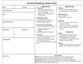 Guided Reading Lesson Plan
Date: LEVEL:
Within the Text
Solving Words
___Notice new/interesting words
___solve content specific words using
graphics, word boxes
___apply problem solving strategies to
complex words
Monitoring/Correcting
___Monitor accuracy and and
understanding, self-correcting when
errors detract from meaning.
Searching for/Using Information
___captions, photos, other text features
_____________________________
___compound sentences
___dialogue
___plot tension/suspense (narrative)
Summarizing
___Follow and remember a sequence of
events in chronological order
___Identify important ideas and report
them in an organized manner
___Identify and understand sets of related
ideas
Beyond the Text
Predicting:
___Use text structure to predict outcome
___Use text evidence to confirm/disprove
Making Connections
Bring knowledge from
___background ___other text
Synthesizing
___Differentiate between what is known
and new information
___Mentally form categories of related info
___Express changes in ideas/learning after
reading
About the Text
Analyzing
___Notice variety in layout/text features
___Understand when author has used
compare/contrast, cause/effect, etc.
___Notice how author used pictures or other
graphics to convey meaning
Critiquing
___Evaluate quality of text feature, interest level.
___Notice author’s qualifications to write text
Group Members:
Text
Instructional Focus
Word Work Vocabulary
Observations
Next Time
Keep in Mind
Fluency: Phrased, fluent oral reading with expression that reflects understanding of
author’s purpose, characters, expression, appropriate use of pausing/intonation.
Comprehension: Based on observations during discussion, revisit text to clarify/extend
understanding. Remind students to go back to the text to support answers. What makes you think
that? What part of the text made you think that?
 