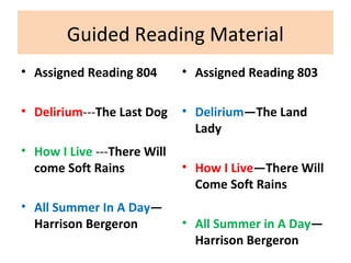 Guided Reading Material
• Assigned Reading 804
• Delirium---The Last Dog
• How I Live ---There Will
come Soft Rains
• All Summer In A Day—
Harrison Bergeron
• Assigned Reading 803
• Delirium—The Land
Lady
• How I Live—There Will
Come Soft Rains
• All Summer in A Day—
Harrison Bergeron
 