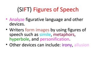 (SIFT) Figures of Speech
• Analyze figurative language and other
devices.
• Writers form images by using figures of
speech such as simile, metaphors,
hyperbole, and personification.
• Other devices can include: irony, allusion
 