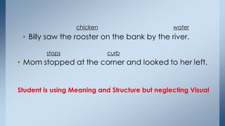 chicken water 
• Billy saw the rooster on the bank by the river. 
stops curb 
Student is using Meaning and Structure but neglecting Visual 
 