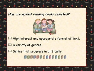 How are guided reading books selected? High interest and appropriate format of text. A variety of genres. Series that progress in difficulty. 