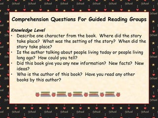 Comprehension Questions For Guided Reading Groups Knowledge Level Describe one character from the book.  Where did the story take place?  What was the setting of the story?  When did the story take place? Is the author talking about people living today or people living long ago?  How could you tell? Did this book give you any new information?  New facts?  New ideas? Who is the author of this book?  Have you read any other books by this author? 