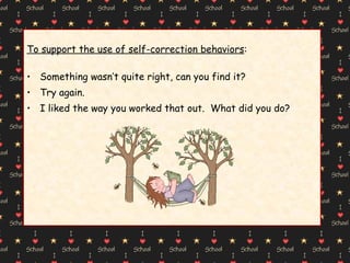 To support the use of self-correction behaviors : Something wasn’t quite right, can you find it? Try again. I liked the way you worked that out.  What did you do? 