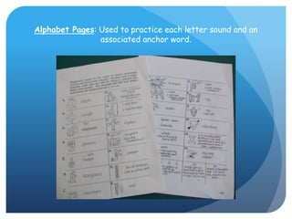 Alphabet Pages: Used to practice each letter sound and an associated anchor word. 