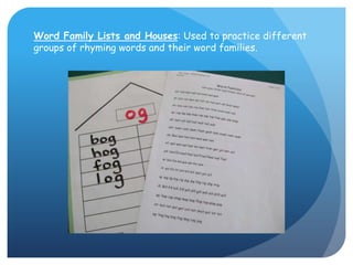 Word Family Lists and Houses: Used to practice different groups of rhyming words and their word families.