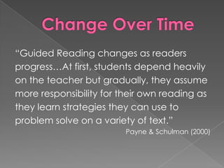 “Guided Reading changes as readers
progress…At first, students depend heavily
on the teacher but gradually, they assume
more responsibility for their own reading as
they learn strategies they can use to
problem solve on a variety of text.”
Payne & Schulman (2000)
 
