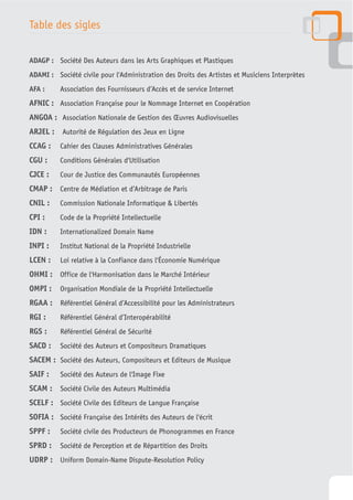 Table des sigles

ADAGP : Société Des Auteurs dans les Arts Graphiques et Plastiques
ADAMI : Société civile pour l'Administration des Droits des Artistes et Musiciens Interprètes
AFA :     Association des Fournisseurs d’Accès et de service Internet
AFNIC : Association Française pour le Nommage Internet en Coopération
ANGOA : Association Nationale de Gestion des Œuvres Audiovisuelles
ARJEL : Autorité de Régulation des Jeux en Ligne
CCAG :    Cahier des Clauses Administratives Générales
CGU :     Conditions Générales d'Utilisation
CJCE :    Cour de Justice des Communautés Européennes
CMAP : Centre de Médiation et d’Arbitrage de Paris
CNIL :    Commission Nationale Informatique & Libertés
CPI :     Code de la Propriété Intellectuelle
IDN :     Internationalized Domain Name
INPI :    Institut National de la Propriété Industrielle
LCEN :    Loi relative à la Confiance dans l'Économie Numérique
OHMI : Office de l'Harmonisation dans le Marché Intérieur
OMPI :    Organisation Mondiale de la Propriété Intellectuelle
RGAA : Référentiel Général d’Accessibilité pour les Administrateurs
RGI :     Référentiel Général d’Interopérabilité
RGS :     Référentiel Général de Sécurité
SACD :    Société des Auteurs et Compositeurs Dramatiques
SACEM : Société des Auteurs, Compositeurs et Editeurs de Musique
SAIF :    Société des Auteurs de l'Image Fixe
SCAM : Société Civile des Auteurs Multimédia
SCELF : Société Civile des Editeurs de Langue Française
SOFIA : Société Française des Intérêts des Auteurs de l'écrit
SPPF :    Société civile des Producteurs de Phonogrammes en France
SPRD :    Société de Perception et de Répartition des Droits
UDRP : Uniform Domain-Name Dispute-Resolution Policy

                                                                                                86
 