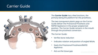 Carrier Guide
The Carrier Guide has a few functions, the
primary being the platform for the prosthesis.
The two transparent plastic pegs on the Carrier
Guide deliver the Provisional Prosthesis and
RAPID Appliance in the proper preplanned
position. The Carrier Guide remains in the mouth
through the prosthesis conversion.
The Carrier Guide:
• Verifies bone reduction
• Indicates rotation and position of angled MUAs
• Seats the Provisional Prosthesis/RAPID
Appliance
• Acts as the tissue gap
 