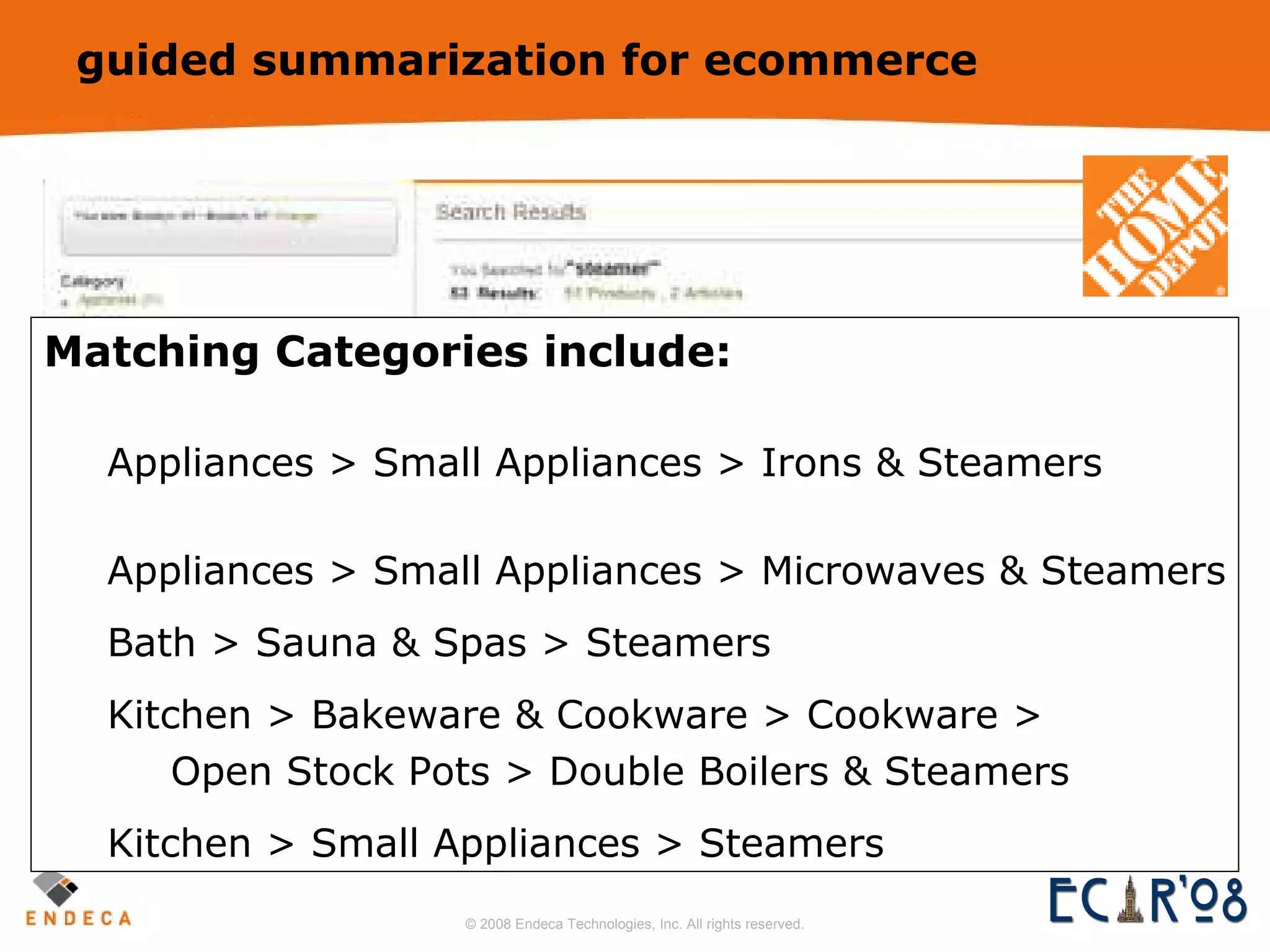 guided summarization for ecommerce Matching Categories include: Appliances > Small Appliances > Irons & Steamers Appliances > Small Appliances > Microwaves & Steamers Bath > Sauna & Spas > Steamers Kitchen > Bakeware & Cookware > Cookware > Open Stock Pots > Double Boilers & Steamers Kitchen > Small Appliances > Steamers 