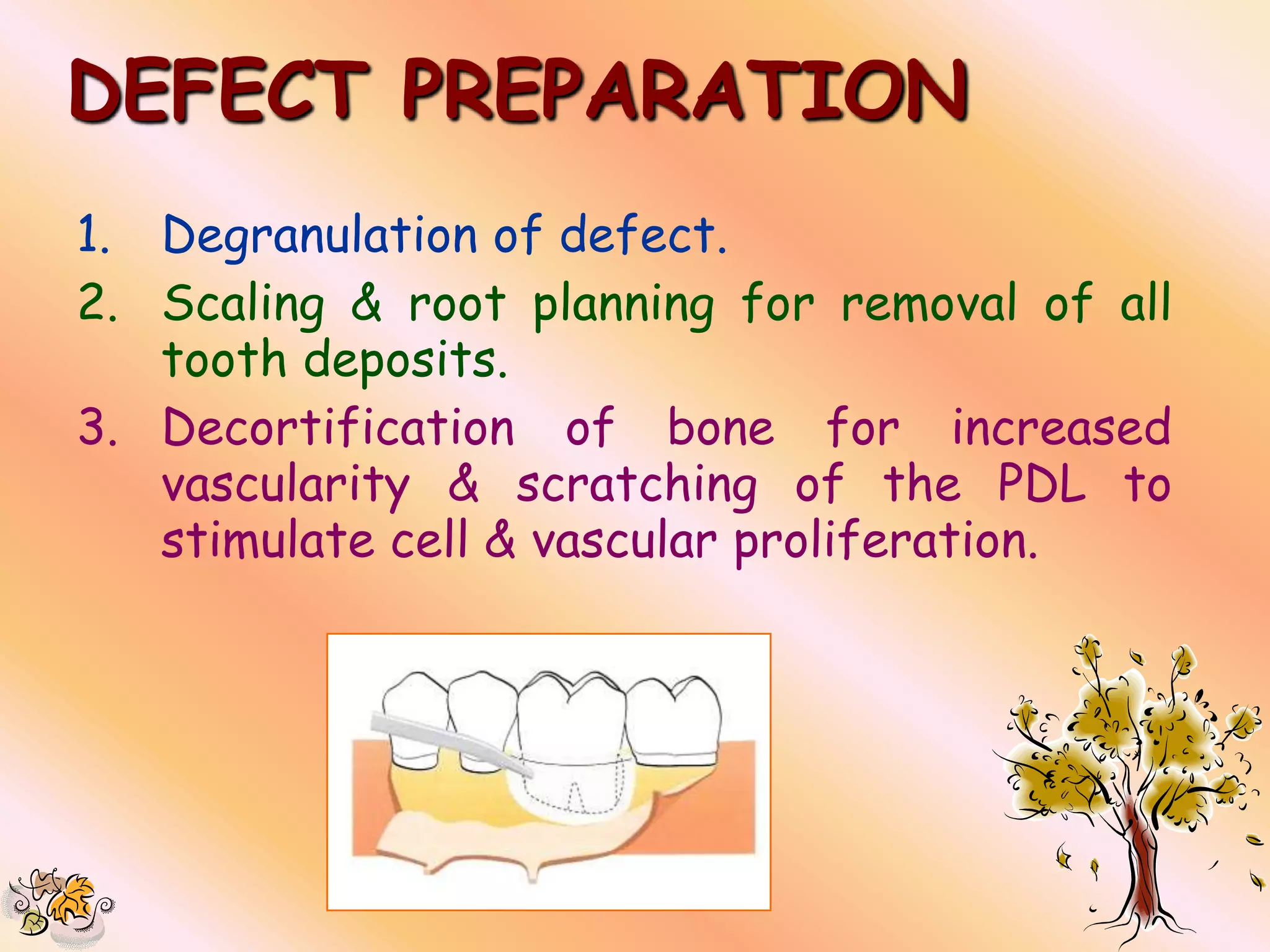 DEFECT PREPARATION
1. Degranulation of defect.
2. Scaling & root planning for removal of all
   tooth deposits.
3. Decortification of bone for increased
   vascularity & scratching of the PDL to
   stimulate cell & vascular proliferation.
 