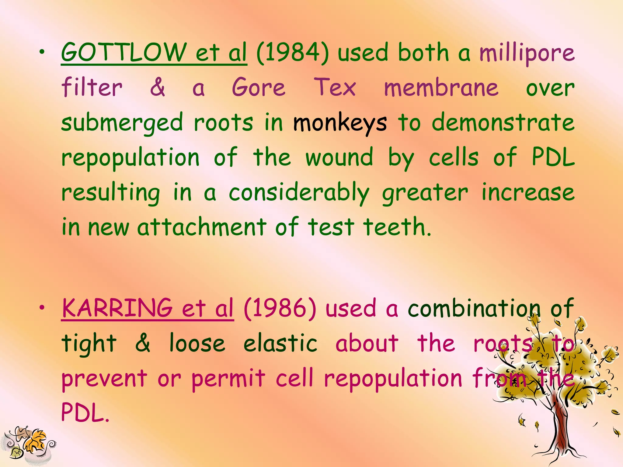 • GOTTLOW et al (1984) used both a millipore
  filter & a Gore Tex membrane over
  submerged roots in monkeys to demonstrate
  repopulation of the wound by cells of PDL
  resulting in a considerably greater increase
  in new attachment of test teeth.


• KARRING et al (1986) used a combination of
  tight & loose elastic about the roots to
  prevent or permit cell repopulation from the
  PDL.
 