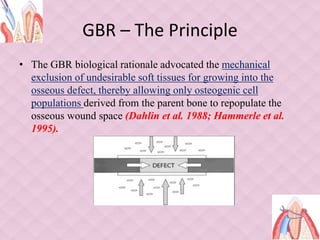 GBR – The Principle
• The GBR biological rationale advocated the mechanical
exclusion of undesirable soft tissues for growing into the
osseous defect, thereby allowing only osteogenic cell
populations derived from the parent bone to repopulate the
osseous wound space (Dahlin et al. 1988; Hammerle et al.
1995).
 