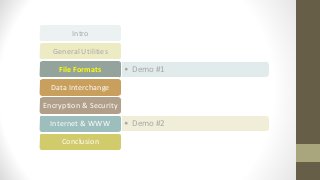 Intro
General Utilities
• Demo #1File Formats
Data Interchange
Encryption & Security
• Demo #2Internet & WWW
Conclusion
 