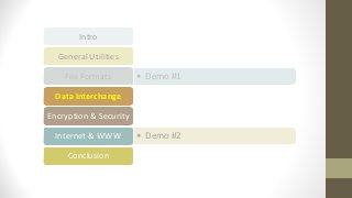 Intro
General Utilities
• Demo #1File Formats
Data Interchange
Encryption & Security
• Demo #2Internet & WWW
Conclusion
 