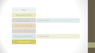Intro
General Utilities
• Demo #1File Formats
Data Interchange
Encryption & Security
• Demo #2Internet & WWW
Conclusion
 