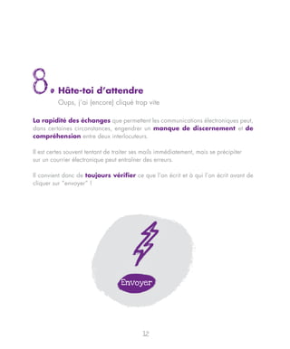 8.        Hâte-toi d’attendre
          Oups, j’ai (encore) cliqué trop vite

La rapidité des échanges que permettent les communications électroniques peut,
dans certaines circonstances, engendrer un manque de discernement et de
compréhension entre deux interlocuteurs.

Il est certes souvent tentant de traiter ses mails immédiatement, mais se précipiter
sur un courrier électronique peut entraîner des erreurs.

Il convient donc de toujours vérifier ce que l’on écrit et à qui l’on écrit avant de
cliquer sur “envoyer” !




                                   Envoyer




                                            12
 