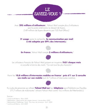LE
                                          SAVIEZ-VOUS ?


            Avec 295 millions d’utilisateurs1, Yahoo! Mail compte plus d’utilisateurs
                         que la poste américaine ne dessert de foyers.
                     (149 millions de foyers desservis par l’US Post Office.)1



                    2e usage après la recherche, la communication par mail
                          a été adoptée par 89% des internautes.2




                      En France, Yahoo! Mail compte 5 millions d'utilisateurs.3




        Les utilisateurs français de Yahoo! Mail passent en moyenne 1h51 chaque mois
                    à consulter et écrire des mails.3 Ce sont eux les plus bavards !




    Parmi les 10,8 millions d'internautes mobiles en France4, près d’1 sur 2 consulte
                ses mails sur son mobile (soit 4,7 millions d'internautes mobiles).




Il y a plus de personnes qui utilisent Yahoo! Mail sur leur téléphone que d’habitants aux Pays-Bas.
     (17,7 millions de mobinautes1 utilisant Yahoo! Mail contre 16,5 millions de Néerlandais.)

Sources :
1
  comScore-M:Metrics Mars 2009
2
  Médiamétrie Observatoire des Usages Internet / Janvier-Mars 2009
3
  Médiamétrie//NetRatings Panel - Tous lieux de connexion - Avril 2009
4
  comScore-M:Metrics Avril 2009

                                                            18
 