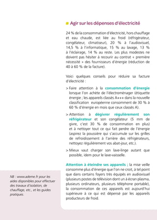 NB : www.ademe.fr pour les
aides disponibles pour effectuer
des travaux d’isolation, de
chauffage, etc., et les guides
pratiques.
Agir sur les dépenses d’électricité
24 % de la consommation d’électricité, hors chauffage
et eau chaude, est liée au froid (réfrigérateur,
congélateur, climatiseur), 20 % à l’audiovisuel,
14,5 % à l’informatique, 15 % au lavage, 13 %
à l’éclairage, 14 % au reste. Les plus modestes ne
doivent pas hésiter à recourir au contrat « première
nécessité » des fournisseurs d’énergie (réduction de
40 à 60 % de la facture).
Voici quelques conseils pour réduire sa facture
d’électricité :
 Faire attention à la consommation d’énergie
lorsque l’on achète de l’électroménager (étiquette
énergie ; les appareils classés A+++ dans la nouvelle
classification européenne consomment de 30 % à
60 % d’énergie en mois que ceux classés A).
 Attention à dégivrer régulièrement son
réfrigérateur et son congélateur (5 mm de
givre, c’est 30 % de consommation en plus)
et à nettoyer tout ce qui fait perdre de l’énergie
(aspirez la poussière qui s’accumule sur les grilles
de refroidissement à l’arrière des réfrigérateurs,
nettoyez régulièrement vos abat-jour, etc.).
 Mieux vaut charger son lave-linge autant que
possible, idem pour le lave-vaisselle.
Attention à éteindre ses appareils ; la mise veille
consomme plus d’énergie que l’on ne croit, à tel point
que dans certains foyers très équipés en audiovisuel
(plusieurs postes de télévision dont un à écran plasma,
plusieurs ordinateurs, plusieurs téléphone portable),
la consommation de ces appareils est aujourd’hui
supérieure à ce qui est dépensé par les appareils
producteurs de froid.
 