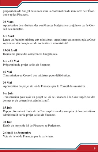 propositions de budget détaillées sous la coordination du ministère de l’Écon-
omie et des Finances.
30 Mars
Approbation des résultats des conférences budgétaires conjointes par le Con-
seil des ministres
1er Avril
Lettre du Premier ministre aux ministères, organismes autonomes et à la Cour
supérieure des comptes et du contentieux administratif.
15-30 Avril
Deuxième phase des conférences budgétaires.
1er – 15 Mai
Préparation du projet de loi de Finances
16 Mai
Transmission en Conseil des ministres pour délibération.
30 Mai
Approbation du projet de loi de Finances par le Conseil des ministres.
1er Juin
Transmission pour avis du projet de loi de Finances à la Cour supérieur des
comtes et du contentieux administratif.
15 Juin
Rapport formulant l’avis de la Cour supérieure des comptes et du contentieux
administratif sur le projet de loi de Finances.
30 Juin
Dépôt du projet de loi de Finances au Parlement.
2e lundi de Septembre
Vote de la loi de Finances par le parlement
8
 