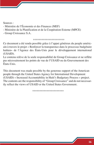 Sources :
- Ministère de l’Économie et des Finances (MEF)
- Ministère de la Planification et de la Coopération Externe (MPCE)
- Group Croissance S.A.
**********************
Ce document a été rendu possible grâce à l’appui généreux du peuple améric-
ain à travers le projet « Renforcer la transparence dans le processus budgétaire
haïtien» de l’Agence des États-Unis pour le développement international
(USAID).
Le contenu relève de la seule responsabilité de Group Croissance et ne reflète
pas nécessairement les points de vue de l’USAID ou du Gouvernement des
États-Unis.
This document was made possible by the generous support of the American
people through the United States Agency for International Development
(USAID) « Increased Accountability in Haiti’s Budgetary Process » project.
The contents are the responsibility of “Group Croissance” and do not necessar-
ily reflect the views of USAID or the United States Government.
**********************
16
 