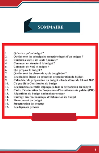 1. Qu’est-ce qu’un budget ?
2. Quelles sont les principales caractéristiques d’un budget ?
3. Combien existe-il de loi de finances ?
4. Comment est structuré le budget ?
5. Comment est voté le budget ?
6. Qui prépare le budget ?
7. Quelles sont les phases du cycle budgétaire ?
8. Les grandes étapes du processus de préparation du budget
9. Calendrier de préparation du budget selon le décret du 23 mai 2005
10. Ce que dit la Constitution du budget
11. Les principales entités impliquées dans la préparation du budget
12. Cadre d’élaboration du Programme d’investissements publics (PIP)
13. Répartition du budget national par secteur
14. Cadrage macroéconomique d’élaboration du budget
15. Financement du budget
16. Structuration des recettes
17. Les dépenses prévues
SOMMAIRE
1
 
