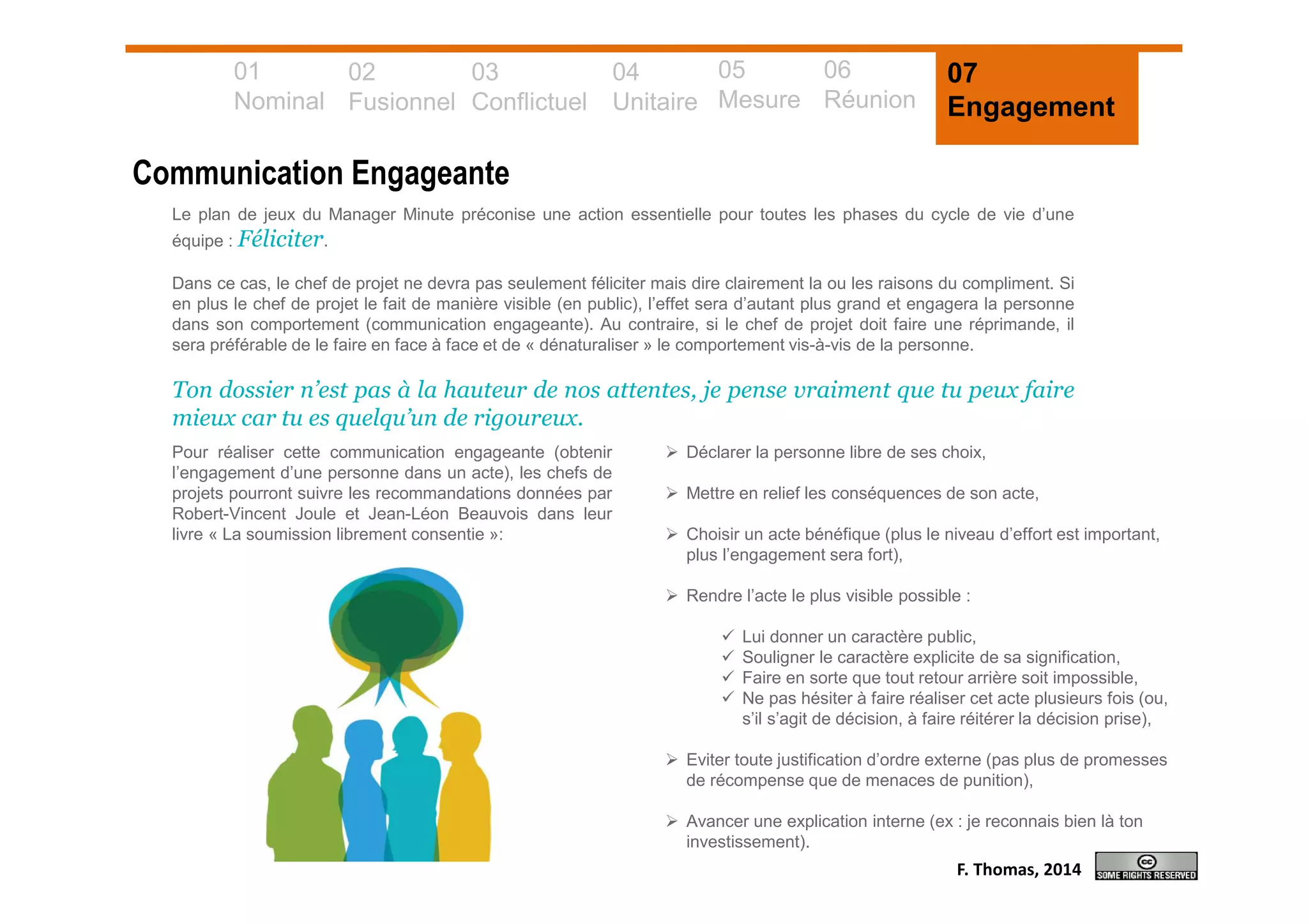 01
Nominal
02
Fusionnel
03
Conflictuel
04
Unitaire
05
Mesure
06
Réunion
07
Engagement
Communication Engageante
Le plan de jeux du Manager Minute préconise une action essentielle pour toutes les phases du cycle de vie d’une
équipe : Féliciter.
Dans ce cas, le chef de projet ne devra pas seulement féliciter mais dire clairement la ou les raisons du compliment. Si
en plus le chef de projet le fait de manière visible (en public), l’effet sera d’autant plus grand et engagera la personne
dans son comportement (communication engageante). Au contraire, si le chef de projet doit faire une réprimande, il
sera préférable de le faire en face à face et de « dénaturaliser » le comportement vis-à-vis de la personne.
Ton dossier n’est pas à la hauteur de nos attentes, je pense vraiment que tu peux faire
mieux car tu es quelqu’un de rigoureux.
Pour réaliser cette communication engageante (obtenir
l’engagement d’une personne dans un acte), les chefs de
projets pourront suivre les recommandations données par
Robert-Vincent Joule et Jean-Léon Beauvois dans leur
livre « La soumission librement consentie »:
Déclarer la personne libre de ses choix,
Mettre en relief les conséquences de son acte,
Choisir un acte bénéfique (plus le niveau d’effort est important,
plus l’engagement sera fort),
Rendre l’acte le plus visible possible :
Lui donner un caractère public,
Souligner le caractère explicite de sa signification,
Faire en sorte que tout retour arrière soit impossible,
Ne pas hésiter à faire réaliser cet acte plusieurs fois (ou,
s’il s’agit de décision, à faire réitérer la décision prise),
Eviter toute justification d’ordre externe (pas plus de promesses
de récompense que de menaces de punition),
Avancer une explication interne (ex : je reconnais bien là ton
investissement).
F. Thomas, 2014
 
