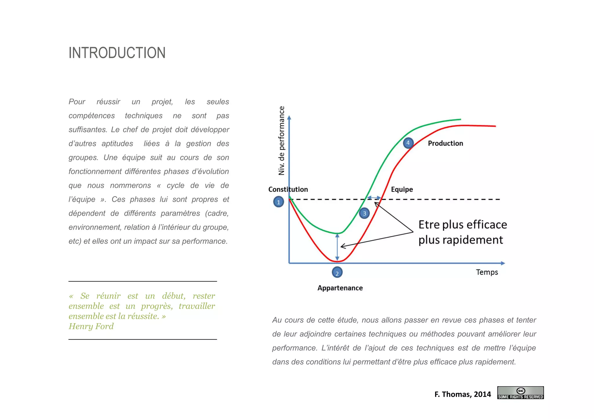 INTRODUCTION
Pour réussir un projet, les seules
compétences techniques ne sont pas
suffisantes. Le chef de projet doit développer
d’autres aptitudes liées à la gestion des
groupes. Une équipe suit au cours de son
fonctionnement différentes phases d’évolution
que nous nommerons « cycle de vie de
l’équipe ». Ces phases lui sont propres et
dépendent de différents paramètres (cadre,
environnement, relation à l’intérieur du groupe,
etc) et elles ont un impact sur sa performance.
Au cours de cette étude, nous allons passer en revue ces phases et tenter
de leur adjoindre certaines techniques ou méthodes pouvant améliorer leur
performance. L’intérêt de l’ajout de ces techniques est de mettre l’équipe
dans des conditions lui permettant d’être plus efficace plus rapidement.
F. Thomas, 2014
« Se réunir est un début, rester
ensemble est un progrès, travailler
ensemble est la réussite. »
Henry Ford
 