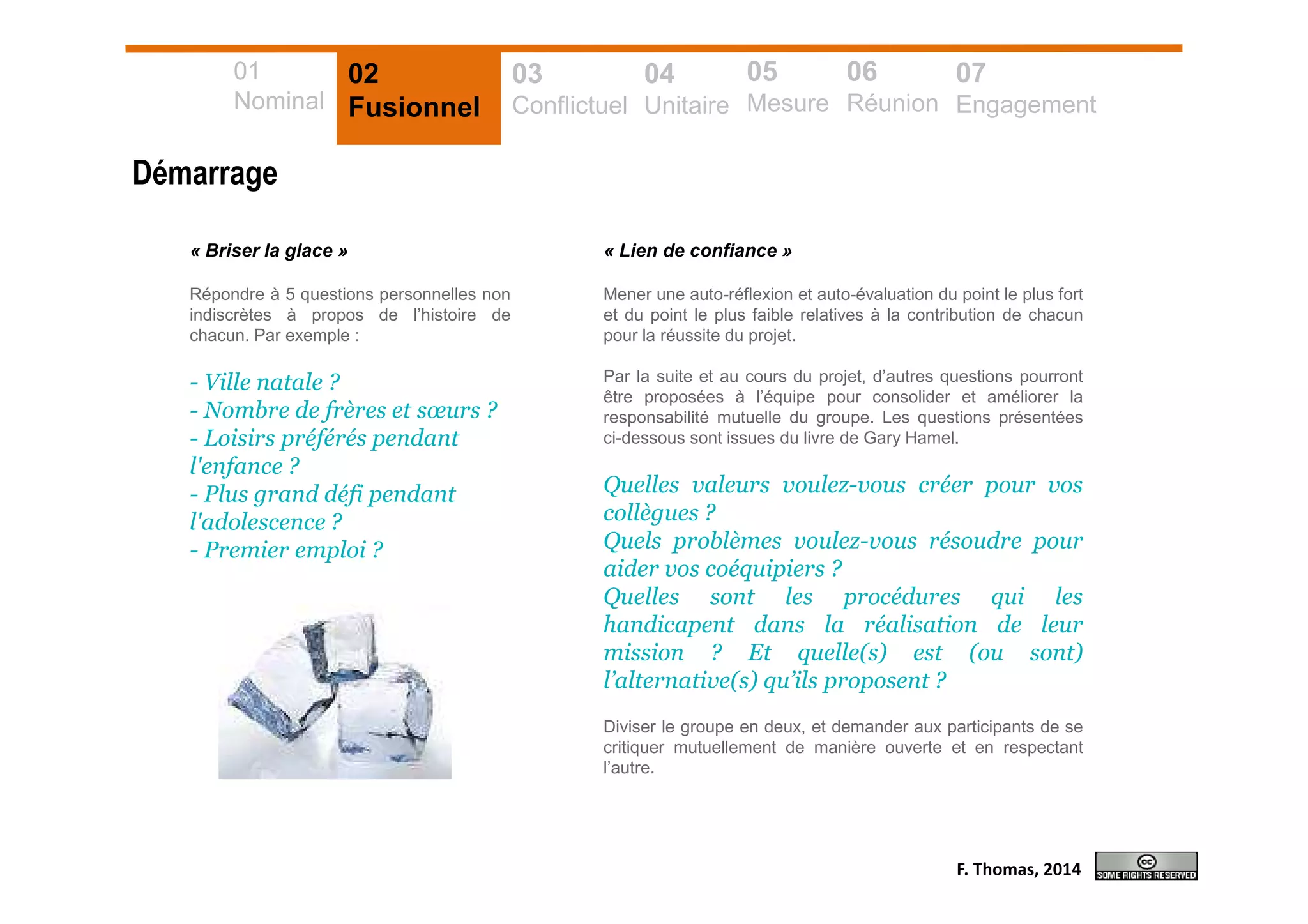 Démarrage
« Briser la glace »
Répondre à 5 questions personnelles non
indiscrètes à propos de l’histoire de
chacun. Par exemple :
- Ville natale ?
- Nombre de frères et sœurs ?
- Loisirs préférés pendant
l'enfance ?
- Plus grand défi pendant
l'adolescence ?
- Premier emploi ?
« Lien de confiance »
Mener une auto-réflexion et auto-évaluation du point le plus fort
et du point le plus faible relatives à la contribution de chacun
pour la réussite du projet.
Par la suite et au cours du projet, d’autres questions pourront
être proposées à l’équipe pour consolider et améliorer la
responsabilité mutuelle du groupe. Les questions présentées
ci-dessous sont issues du livre de Gary Hamel.
Quelles valeurs voulez-vous créer pour vos
collègues ?
Quels problèmes voulez-vous résoudre pour
aider vos coéquipiers ?
Quelles sont les procédures qui les
handicapent dans la réalisation de leur
mission ? Et quelle(s) est (ou sont)
l’alternative(s) qu’ils proposent ?
Diviser le groupe en deux, et demander aux participants de se
critiquer mutuellement de manière ouverte et en respectant
l’autre.
01
Nominal
02
Fusionnel
03
Conflictuel
04
Unitaire
05
Mesure
06
Réunion
07
Engagement
F. Thomas, 2014
 