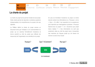 01
Nominal
02
Fusionnel
03
Conflictuel
04
Unitaire
05
Mesure
06
Réunion
07
Engagement
La charte du projet
En plus de formaliser l’existence du projet, la charte
devrait contenir les informations du « Pourquoi » et du
« Quoi ». En effet, il est essentiel de se questionner
pour répondre aux interrogations suivantes « Pourquoi
faisons-nous ce projet ? » et « Qu’est-ce que projet
devra réaliser ? » Ces informations ne sont pas
seulement utiles au chef de projet mais à l’ensemble
des membres de l’équipe projet qui ont besoin de
donner du sens à leur travail.
La charte du projet est le premier livrable de tout projet.
Cette charte permet de répondre à certaines questions
indispensables à la compréhension du projet et de ses
objectifs.
Le PMBok définit la charte du projet comme un
document émis par l’initiateur ou le commanditaire du
projet, qui en autorise formellement l’existence et
donne autorité au chef de projet pour affecter les
ressources de l’organisation aux activités de ce projet.
F. Thomas, 2014
 