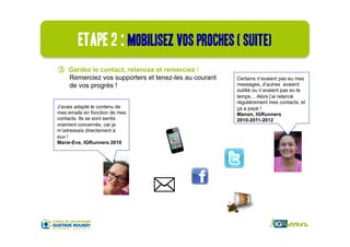 Etape 2 : mobilisez vos proches ( suite)
③  Gardez le contact, relancez et remerciez !
   Remerciez vos supporters et tenez-les au courant   Certains n’avaient pas eu mes
   de vos progrès !                                   messages, d’autres avaient
                                                      oublié ou n’avaient pas eu le
                                                      temps… Alors j’ai relancé
                                                      régulièrement mes contacts, et
J’avais adapté le contenu de                          ça a payé !
mes emails en fonction de mes                         Manon, IGRunners
contacts. Ils se sont sentis                          2010-2011-2012
vraiment concernés, car je
m’adressais directement à
eux !
Marie-Eve, IGRunners 2010
 