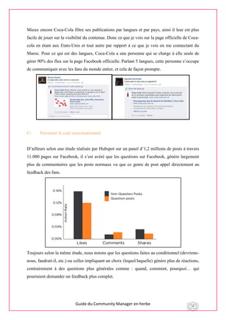 Guide du Community Manager en herbe 16
Mieux encore Coca-Cola filtre ses publications par langues et par pays, ainsi il leur est plus
facile de jouer sur la visibilité du contenue. Donc ce que je vois sur la page officielle de Coca-
cola en étant aux Etats-Unis et tout autre par rapport à ce que je vois en me connectant du
Maroc. Pour ce qui est des langues, Coca-Cola a une personne qui se charge à elle seule de
gérer 90% des flux sur la page Facebook officielle. Parlant 5 langues, cette personne s’occupe
de communiquer avec les fans du monde entier, et cela de façon prompte.
C- Favoriser le coté conversationnel
D’ailleurs selon une étude réalisée par Hubspot sur un panel d’1,2 millions de posts à travers
11.000 pages sur Facebook, il s’est avéré que les questions sur Facebook, génère largement
plus de commentaires que les posts normaux vu que ce genre de post appel directement au
feedback des fans.
Toujours selon la même étude, nous notons que les questions faites au conditionnel (devrions-
nous, faudrait-il, etc.) ou celles impliquant un choix (lequel/laquelle) génère plus de réactions,
contrairement à des questions plus générales comme : quand, comment, pourquoi… qui
pourraient demander un feedback plus complet.
 