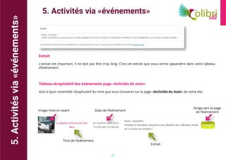 21
5. Activités via «événements»
5.Activitésvia«événements»
Extrait
L’extrait est important, il ne doit pas être trop long. C’est cet extrait que vous verrez apparaître dans votre tableau
d’événement.
Tableau récapitulatif des évènements page «Activités du mois>
Voici à quoi ressemble récapitulatif du mois que vous trouverez sur la page «Activités du mois» de votre site.
Image mise en avant
Titre de l’événement
Date de l’événement
Extrait
Dirige vers la page
de l’événement
 