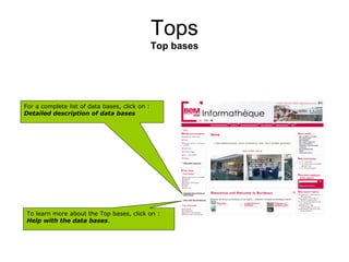 Tops
                                                Top bases




For a complete list of data bases, click on :
Detailed description of data bases




To learn more about the Top bases, click on :
Help with the data bases.
 