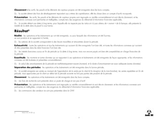 4
Classement : les actifs, les passifs et les éléments de capitaux propres ont été enregistrés dans les bons comptes,
Ex. : la société détient des frais de développement répondant aux critères de capitalisation, elle les classe dans un compte d’actifs incorporels.
Présentation : les actifs, les passifs et les éléments de capitaux propres sont regroupés ou ventilés convenablement et sont décrits clairement, et les
informations connexes sont pertinentes et intelligibles, compte tenu des exigences du référentiel d’information financière applicable,
Ex. : la société détient une dette à long terme, pour laquelle elle ne respecte pas les ratios et n’a pas obtenu de « waiver » de la banque, elle présente la
totalité de la dette dans le passif à court terme.
Résultat3
Réalité : les opérations et les événements qui ont été enregistrés, ou pour lesquels des informations ont été fournies,
se sont produits et se rapportent à l’entité,
Ex. : les salaires de la société correspondent à des heures travaillées et rémunérées durant la période.
Exhaustivité : toutes les opérations et tous les événements qui auraient dû être enregistrés l’ont bien été, et toutes les informations connexes qui auraient
dû être présentées dans les états financiers l’ont bien été,
Ex. : les intérêts bancaires courus en fin de période sur la dette à long terme, mais non encore payés ont bien été comptabilisés en charge financière de
la période.
Exactitude : les montants et autres données qui se rapportent à ces opérations et événements ont été enregistrés de façon appropriée, et les informations
connexes ont été évaluées et présentées convenablement,
Ex. : le calcul des amortissements de la période est mathématiquement exacte (montant), et la durée d’amortissement est aussi adéquate (autres données).
Séparation des périodes : les opérations et les événements ont été enregistrés dans la bonne période,
Ex. : la société enregistre ses ventes au moment de l’approbation de la vente par le client (à la réception de la marchandise), les ventes expédiées en fin de
période, mais approuvées par le client au début de la période suivante ne font pas parties des produits de la période.
Classement : les opérations et les événements ont été enregistrés dans les bons comptes,
Ex. : Les frais de recherche sont présentés dans un poste de charge et non pas d’actif.
Présentation : les opérations et les événements sont regroupés ou ventilés convenablement et sont décrits clairement, et les informations connexes sont
pertinentes et intelligibles, compte tenu des exigences du référentiel d’information financière applicable;
Ex. : les commissions des vendeurs ne sont pas présentées dans le CMV.
3 NCA 315, A129, a).
 