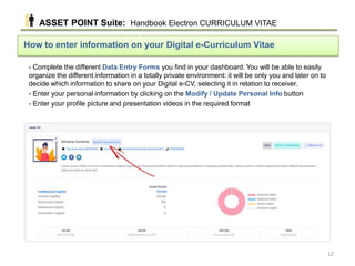 - Complete the different Data Entry Forms you find in your dashboard. You will be able to easily
organize the different information in a totally private environment: it will be only you and later on to
decide which information to share on your Digital e-CV, selecting it in relation to receiver.
- Enter your personal information by clicking on the Modify / Update Personal Info button
- Enter your profile picture and presentation videos in the required format
How to enter information on your Digital e-Curriculum Vitae
ASSET POINT Suite: Handbook Electron CURRICULUM VITAE
12
 