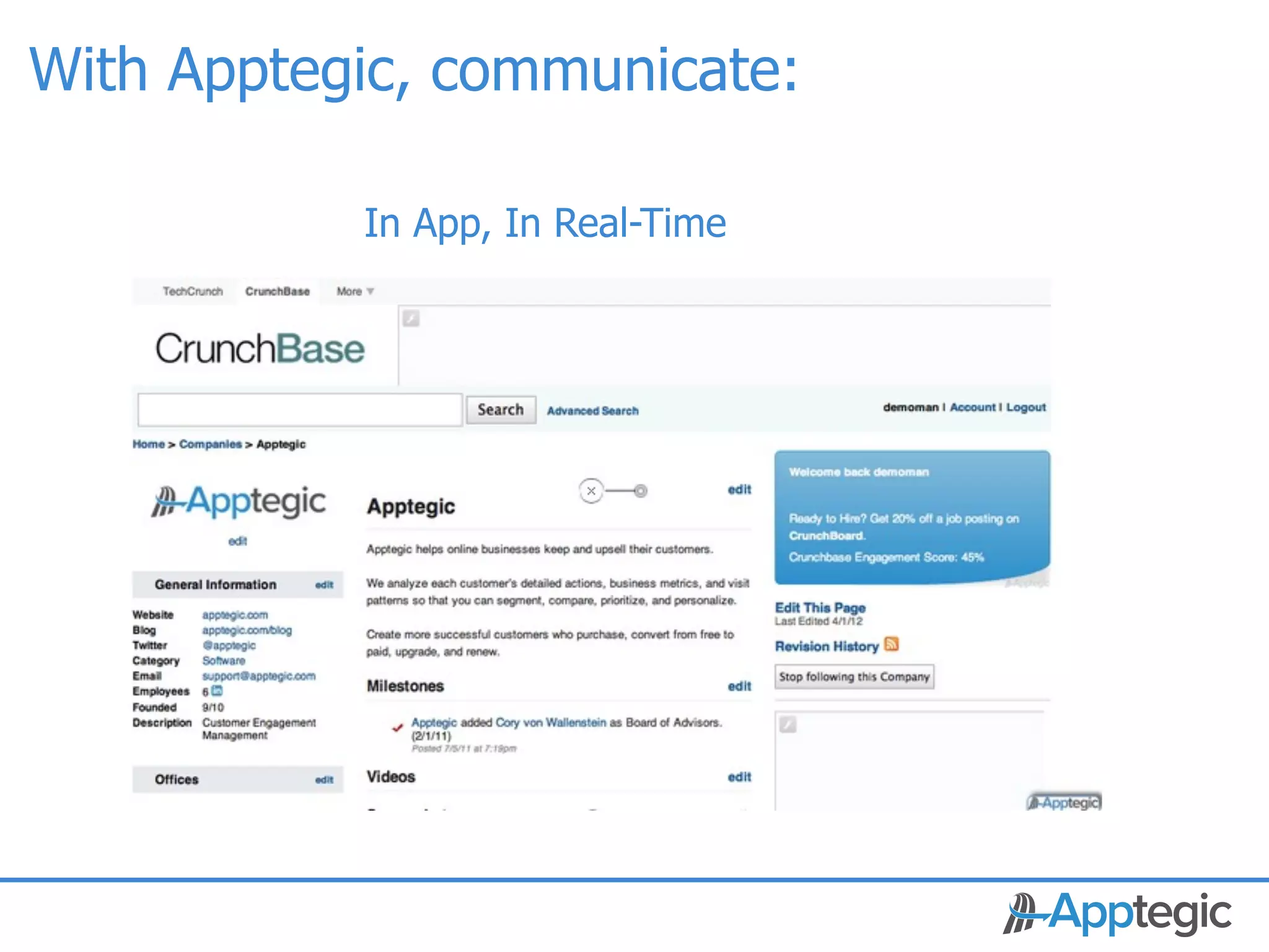 With Apptegic, communicate:

                In App, In Real-Time




 CONFIDENTIAL
 