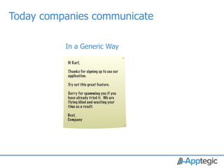 Today companies communicate

               In a Generic Way

               Hi Karl,

               Thanks for signing up to use our
               application.

               Try out this great feature.

               Sorry for spamming you if you
               have already tried it. We are
               flying blind and wasting your
               time as a result.

               Best,
               Company




CONFIDENTIAL
 