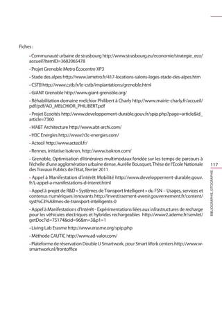 Fiches :
     • Communauté urbaine de strasbourg http://www.strasbourg.eu/economie/strategie_eco/
     accueil?ItemID=3682065478
     • Projet Grenoble Metro Écocentre XP3
     • Stade des alpes http://www.lametro.fr/417-locations-salons-loges-stade-des-alpes.htm
     • CSTB http://www.cstb.fr/le-cstb/implantations/grenoble.html
     • GIANT Grenoble http://www.giant-grenoble.org/
     • Réhabilitation domaine melchior Philibert à Charly http://www.mairie-charly.fr/accueil/
     pdf/pdf/AO_MELCHIOR_PHILIBERT.pdf
     • Projet Ecocités http://www.developpement-durable.gouv.fr/spip.php?page=articleid_
     article=7360
     • H’ABT Architecture http://www.abt-archi.com/
     • H3C Energies http://www.h3c-energies.com/
     • Actecil http://www.actecil.fr/
     • Rennes, initiative isokron, http://www.isokron.com/
     • Grenoble, Optimisation d’itinéraires multimodaux fondée sur les temps de parcours à
     l’échelle d’une agglomération urbaine dense, Aurélie Bousquet, Thèse de l’Ecole Nationale          117
     des Travaux Publics de l’Etat, février 2011




                                                                                                   Bibliographie, sitographie
     • Appel à Manifestation d’intérêt Mobilité http://www.developpement-durable.gouv.
     fr/L-appel-a-manifestations-d-interet.html
     • Appel à projet de RD « Systèmes de Transport Intelligent » du FSN – Usages, services et
     contenus numériques innovants http://investissement-avenir.gouvernement.fr/content/
     syst%C3%A8mes-de-transport-intelligents-0
     • Appel à Manifestations d’Intérêt - Expérimentations liées aux infrastructures de recharge
     pour les véhicules électriques et hybrides rechargeables http://www2.ademe.fr/servlet/
     getDoc?id=75174cid=96m=3p1=1
     • Living Lab Erasme http://www.erasme.org/spip.php
     • Méthode CAUTIC http://www.ad-valor.com/
     • Plateforme de réservation Double U Smartwork, pour Smart Work centers http://www.w-
     smartwork.nl/frontoffice
 