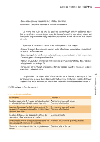 Cadre de référence des écocentres




                 • Génération de nouveaux projets et création d’emplois
                 • Indicateurs de qualité de vie et de mesure du bien être


                     De même une étude de coût du poste de travail moyen dans un écocentre devra
                 être présentée très en amont pour juger du niveau d’attractivité des acteurs locaux qui
                 financeront en partie ou en intégralité le fonctionnement du lieu par l’achat d’un service
                 attractif.


                    A partir de là, plusieurs modes de financement pourront être évoqués :
                 • Intégrer le projet dans un appel à projet régional, national ou européen pour obtenir
                 un support au financement
                 • Les acteurs publics par la mise à disposition de foncier existant et non exploité ou
                 d’autres apports directs par subvention
                 • Acteurs privés, futurs animateurs de l’écocentre qui investit dans le lieu dans l’optique
                 de le gérer en centre de profit
                 • Partenaires privés futurs locataires important de l’espace ou autres mécennes associés
                 aux valeurs de la réalisation

                                                                                                                      43
                    Les premières conclusions et recommandations sur le modèle économique et plus




                                                                                                                  MODELES ECONOMIQUES
                 particulièrement la phase d’investissement initial, peuvent être l’un des livrables de l’étude
                 d’opportunité ou de faisabilité afin de valider le lancement officiel du projet Écocentre 2.0.

Problématique de fonctionnement


• Les cas les plus probables :
 Qui et quoi ?                                            Comment ?
 Location récurrente de l’espace par les entreprises Abonnement mensuel/ annuel
 et collectivités louant des bureaux en journée      Paiement à l’utilisation

 Location (Bureaux et/ou Salles) récurrente ou de      Abonnement mensuel/ annuel
 passage de l’espace par des travailleurs indépendants Paiement à l’utilisation
 (journée ou soirée)
 Location de l’espace par des sociétés offrant des        Location annuelle
 services sur place (conciergerie, crèche,...)
 Location de l’espace en soirée par des associations, des Paiement à l’utilisation, gratuité partielle ?
 réseaux de professionnels, évènements
 Ventes de consommables divers par les gestionnaires Paiement à l’acte d’achat
 du lieu
 