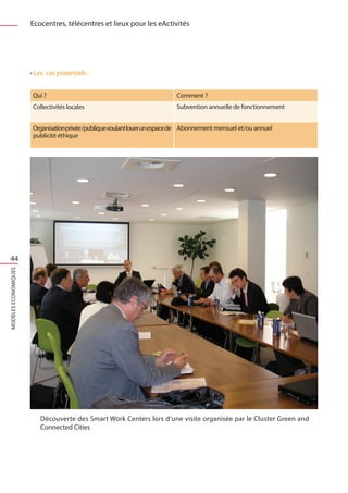 Ecocentres, télécentres et lieux pour les eActivités




                      • Les cas potentiels :


                       Qui ?                                               Comment ?
                       Collectivités locales                               Subvention annuelle de fonctionnement


                       Organisation privée /publique voulant louer un espace de Abonnement mensuel et/ou annuel
                       publicité éthique




 44
MODELES ECONOMIQUES




                          Découverte des Smart Work Centers lors d’une visite organisée par le Cluster Green and
                          Connected Cities
 