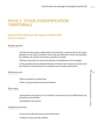 Gouvernance du montage d’un projet Ecocentre 2.0




FICHE 2 - Etude d’identification
territoriale

Quel est l’état des lieux des espaces collaboratifs
sur le territoire ?

Résultats attendus


                 • Etat des lieux des espaces collaboratifs sur les territoires : un benchmark sur les actions
                 existantes sur les autres territoires s’avère utile pour délimiter l’univers des possibles,
                 les conditions de réussite ou les freins à prendre en compte
                 • Eléments nécessaires à une prise de décision et à l’élaboration d’une stratégie
                 • Choix possibles des lieux d’expérimentation en fonction des retours des terrains et de
                 leurs besoins, et du potentiel mis en évidence par les études préliminaires

                                                                                                                           55
Méthode et outils




                                                                                                                 FICHE 2 - Etude d’identification territoriale
                 • Mieux connaître le contexte local
                 • Initier un groupe projet porteur de l’initiative


Effets induits


                 • Appropriation du projet par une meilleure connaissance de la problématique des
                 écocentres sur le territoire
                 • Sensibilisation des acteurs


Conditions de réussites


                 • S’assurer de la diversité des sources d’information
                 • Produire un document de synthèse
 