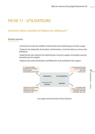 Mise en oeuvre d’un projet Ecocentre 2.0




FICHE 11 - Utilisateurs

Comment attirer, satisfaire et fidéliser les utilisateurs ?


Résultats attendus


             • Construire les outils de visibilité, d’attractivité et de marketing pour le futur usager
             • Proposer des dispositifs d’animation, d‘interactions, et de formation au service des
             utilisateurs
             • Expérimenter des solutions de créativité pour et par les usagers (innovation ouverte,
             innovation par les usages)
             • Disposer des outils d‘évaluation, de fidélisation et de satisfaction des usagers




                                                                                                               85




                                                                                                          FICHE 11 - Utilisateurs




                                     Les usagers des écocentres et leurs besoins
 