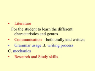 Literature For the student to learn the different characteristics and genres Communication  – both orally and written Grammar usage  B.  writing process   C.  mechanics  Research and Study skills 