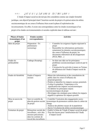8.0             Quand est ce qu on doit faire une tude d impact social ?
            L’étude d’impact social ne devrait pas être considérée comme une simple formalité
    juridique, son objectif principal étant l’insertion sociale du projet et la préservation du milieu
    socioéconomique de ses zones d’influence bien avant la phase d’exploitation des
    investissements. En effet, il existe une correspondance entre les études économiques d’un
    projet et les études environnementales et sociales explicitée dans le tableau suivant :


   Phases d’études             Etudes sociales                             Activités
  économiques d’un            correspondantes
        projet
Idées du projet             Préparation –Tri             -   Connaître les exigences légales régissant le
                            préliminaire                     projet
                            (screening)                  -   Rassembler les informations pertinentes
                                                             notamment les données socioéconomiques
                                                             des zones d’influence du projet, les
                                                             documents référentiels de développement
                                                             (PCD, PRD…)
Etudes de                   Cadrage (Scoping)            -   Se faire une idée sur les principaux
préfaisabilité                                               problèmes socioéconomiques soulevés par le
                                                             projet
                                                         -   Circonscrire les activités à mener ou Termes
                                                             de références de l’étude d’impact social du
                                                             projet
Etudes de faisabilité       Etudes d’impacts         - Mener des informations et des consultations du
                            sociaux                    public dans les zones d’influence du
                                                       projet/programme
                                                     - Prédire et identifier les impacts sociaux potentiels
                                                     - Evaluer la grandeur, l’importance et la
                                                        signification des impacts socioéconomiques
                                                     - En déduire les principaux enjeux
                                                     socioéconomiques du projet
                                                     - Développer des stratégies pour réduire les impacts
                                                       négatifs et optimiser les impacts positifs
Mise en œuvre du            Suivi et contrôle du     - Contrôler l’exécution des engagements socio-
projet                      plan de gestion sociale économique du promoteur contenu dans le cahier de
                            du projet                charge
                                                     - Analyse des plaintes reçues de la population
                                                     - Suivre l’évolution du milieu socioéconomique
Fermeture du projet         Réinsertion sociale des - Etablir le bilan de l’étude d’impact social du projet
                            travailleurs ; suivi des - Tirer des leçons pour l’amélioration de l’étude
                            mesures préconisées         d’impact social
                            dans les contrats de
                            travail des travailleurs



                                                                                                 Page11
 