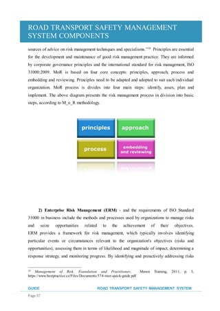 ROAD TRANSPORT SAFETY MANAGEMENT
SYSTEM COMPONENTS
GUIDE ROAD TRANSPORT SAFETY MANAGEMENT SYSTEM
Page 37
sources of advice on risk management techniques and specialisms.”18
Principles are essential
for the development and maintenance of good risk management practice. They are informed
by corporate governance principles and the international standard for risk management, ISO
31000:2009. MoR is based on four core concepts: principles, approach, process and
embedding and reviewing. Principles need to be adapted and adopted to suit each individual
organization. MoR process is divides into four main steps: identify, asses, plan and
implement. The above diagram presents the risk management process in division into basic
steps, according to M_o_R methodology.
2) Enterprise Risk Management (ERM) - and the requirements of ISO Standard
31000 in business include the methods and processes used by organizations to manage risks
and seize opportunities related to the achievement of their objectives.
ERM provides a framework for risk management, which typically involves identifying
particular events or circumstances relevant to the organization's objectives (risks and
opportunities), assessing them in terms of likelihood and magnitude of impact, determining a
response strategy, and monitoring progress. By identifying and proactively addressing risks
18 Management of Risk. Foundation and Practitioner, Maven Training, 2011, p. 3,
https://www.bestpractice.cz/Files/Documents/574-mor-quick-guide.pdf
 