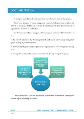 DOCUMENTATION
GUIDE ROAD TRANSPORT SAFETY MANAGEMENT SYSTEM
Page 79
9) other provision of plans for action and alerts and information in case of emergency.
These basic elements of safety management system, including procedures, plans and
methods on processes, shall be proved by the documentation, with description of liability in
organizational structures of road haulier.
The documentation of road transport safety management system should indicate first of
all:
1) the way of supervision by the management of road haulier on the safety management
system at every stage of management;
2) the level of participation of the employees and representatives of the management at every
level;
3) the way of assurance of the continuous development of safety management system.
A road haulier shall store and preserve the records of the documentation for five years
after the day on which they are created.
documentation
on RTSMS
description &
evidenceof
supervisionon
RTSMS
description &
evidenceof staff
engagementin
RTSMS
description &
evidence of
developmentof
RTSMS
 