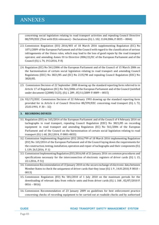 ANNEXES
GUIDE ROAD TRANSPORT SAFETY MANAGEMENT SYSTEM
Page 83
concerning social legislation relating to road transport activities and repealing Council Directive
88/599/EEC (Text with EEA relevance) - Declarations (O.J. L 102, 11.04.2006, P. 0035 – 0044)
2.3. Commission Regulation (EU) 2016/403 of 18 March 2016 supplementing Regulation (EC) No
1071/2009 of the EuropeanParliament and of the Council with regardto the classification of serious
infringements of the Union rules, which may lead to the loss of good repute by the road transport
operator, and amending Annex III to Directive 2006/22/EC of the European Parliament and of the
Council (O.J. L 74, 19.3.2016, P. 8)
2.4. Regulation (EC) No 561/2006 of the European Parliament and of the Council of 15 March 2006 on
the harmonisation of certain social legislation relating to road transport and amending Council
Regulations (EEC) No 3821/85 and (EC) No 2135/98 and repealing Council Regulation (EEC) No
3820/85.
2.5. Commission Decision of 22 September 2008 drawing up the standard reporting form referred to in
Article 17 of Regulation (EC) No 561/2006 of the European Parliament and of the Council (notified
under document C(2008) 5123), (O.J. L 289 , 05/11/2009 P. 0009 – 0015)
2.6. 93/172/EEC: Commission Decision of 22 February 1993 drawing up the standard reporting form
provided for in Article 6 of Council Directive 88/599/EEC concerning road transport (O.J. L 72,
25.03.1993, P. 30 – 32)
3. RECORDING DEVICES
3.1. Regulation (EU) no 165/2014 of the European Parliament and of the Council of 4 February 2014 on
tachographs in road transport, repealing Council Regulation (EEC) No 3821/85 on recording
equipment in road transport and amending Regulation (EC) No 561/2006 of the European
Parliament and of the Council on the harmonisation of certain social legislation relating to road
transport (O.J. L 60, 28.2.2014, P. 0001-0033)
3.2. Commission Implementing Regulation (EU) 2016/799 of 18 March 2016 implementing Regulation
(EU) No 165/2014 of the European Parliament and of the Council laying down the requirements for
the construction,testing,installation,operationand repair of tachographs and their components (O.J.
L 139, 26.5.2016, P. 1)
3.3. CommissionImplementing Regulation(EU)2016/68 of 21 January 2016 oncommon procedures and
specifications necessary for the interconnection of electronic registers of driver cards (O.J. L 15,
22.1.2016, P. 51)
3.4. CommissionRecommendationof 13 January 2010 on the secure exchange of electronic data between
Member States to check the uniqueness of driver cards that they issue (O.J. L 9 , 14.01.2010, P. 0010 –
0013)
3.5. Commission Regulation (EU) No 581/2010 of 1 July 2010 on the maximum periods for the
downloading of relevant data from vehicle units and from driver cards (O.J. L 168 , 02/07/2010 P.
0016 – 0016)
3.6. Commission Recommendation of 23 January 2009 on guidelines for best enforcement practice
concerning checks of recording equipment to be carried out at roadside checks and by authorised
 