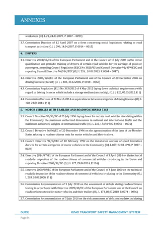 ANNEXES
GUIDE ROAD TRANSPORT SAFETY MANAGEMENT SYSTEM
Page 84
workshops (O.J. L 21, 24.01.2009, P. 0087 – 0099)
3.7. Commission Decision of 12 April 2007 on a form concerning social legislation relating to road
transport activities (O.J. L 099, 14.04.2007, P. 0014 – 0015)
4. DRIVERS
4.1. Directive 2003/59/EC of the European Parliament and of the Council of 15 July 2003 on the initial
qualification and periodic training of drivers of certain road vehicles for the carriage of goods or
passengers, amending Council Regulation(EEC) No 3820/85 and Council Directive 91/439/EEC and
repealing Council Directive 76/914/EEC (O.J. L 226 , 10.09.2003, P. 0004 – 0017)
4.2. Directive 2006/126/EC of the European Parliament and of the Council of 20 December 2006 on
driving licences (Recast) (O. J. L 403, 30.12.2006, P. 0018 – 0060)
4.3. Commission Regulation (EU) No 383/2012 of 4 May 2012 laying down technical requirements with
regard to driving licences which include a storage medium (microchip), (O.J. L 120, 05.05.2012, P. 1)
4.4. CommissionDecisionof 20 March 2014 on equivalences betweencategories of driving licences (O.J. L
120, 23.04.2014, P. 1)
5. MOTOR VEHICLES WITH TRAILERS AND ROADWORTHINESS TEST
5.1. Council Directive 96/53/EC of 25 July 1996 laying down for certain road vehicles circulating within
the Community the maximum authorized dimensions in national and international traffic and the
maximum authorized weights in international traffic (O.J. L 235, 17.09.1996, P. 0059 – 0075)
5.2. Council Directive 96/96/EC of 20 December 1996 on the approximation of the laws of the Member
States relating to roadworthiness tests for motor vehicles and their trailers.
5.3. Council Directive 92/6/EEC of 10 February 1992 on the installation and use of speed limitation
devices for certain categories of motor vehicles in the Community (O.J. L 057, 02.03.1992, P. 0027 –
0028)
5.4. Directive 2014/47/EU of the European Parliament and of the Council of 3 April 2014 on the technical
roadside inspection of the roadworthiness of commercial vehicles circulating in the Union and
repealing Directive 2000/30/EC (O. J. L 127, 29.04.2014, P. 134)
5.5. Directive 2000/30/EC of the European Parliament and of the Council of 6 June 2000 on the technical
roadside inspectionof the roadworthiness of commercial vehicles circulating in the Community (O.J.
L 203, 10.08.2000, P. 1)
5.6. Commission Recommendation of 5 July 2010 on the assessment of defects during roadworthiness
testing in accordance with Directive 2009/40/EC of the European Parliament and of the Council on
roadworthiness tests for motor vehicles and their trailers (O.J. L 173, 08.07.2010, P. 0074 – 0096)
5.7. Commission Recommendation of 5 July 2010 on the risk assessment of deficiencies detected during
 